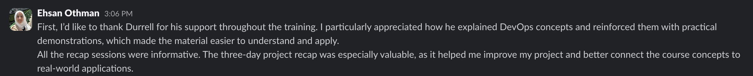 Original written review from Ehsan Othman, Liora DevOps training