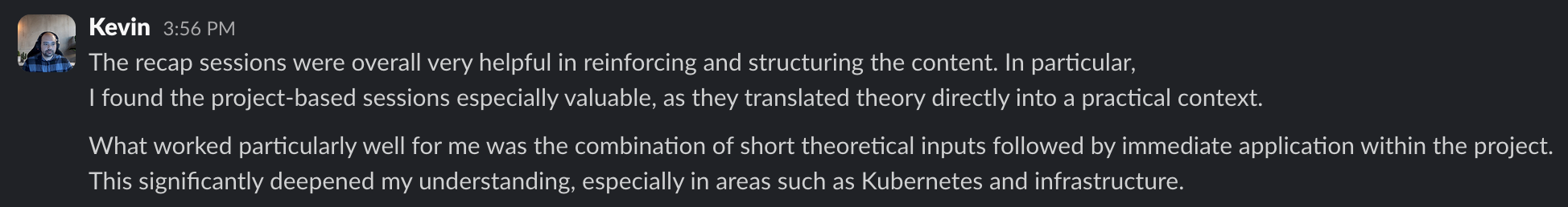 Original written review from Kevin, Liora DevOps training