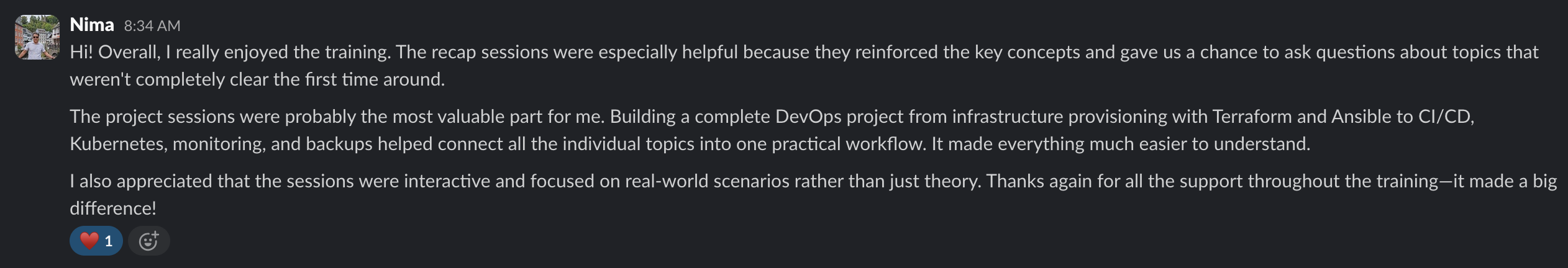 Original written review from Nima, Liora DevOps training