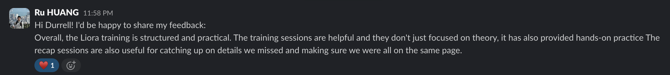 Original written review from Ru Huang, Liora DevOps training
